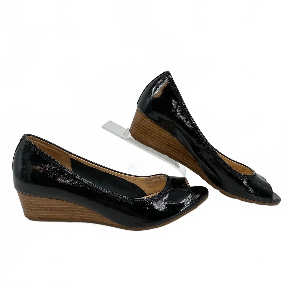 Cole Haan Black Patent Leather Air Tali Peep Toe Wedges | Women’s US8
